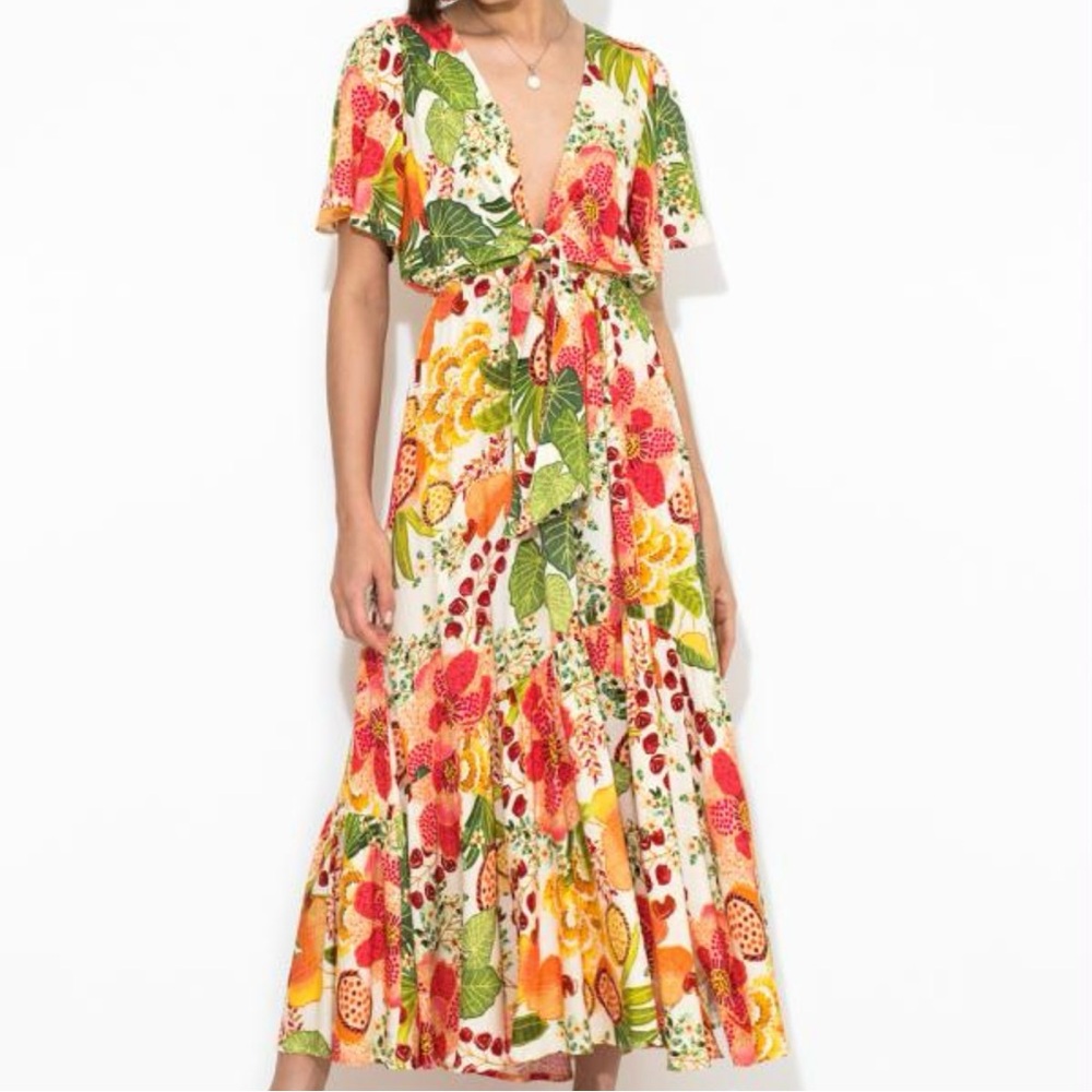 Farm Rio Fruit printed v-neck flutter sleeve midi dress size small